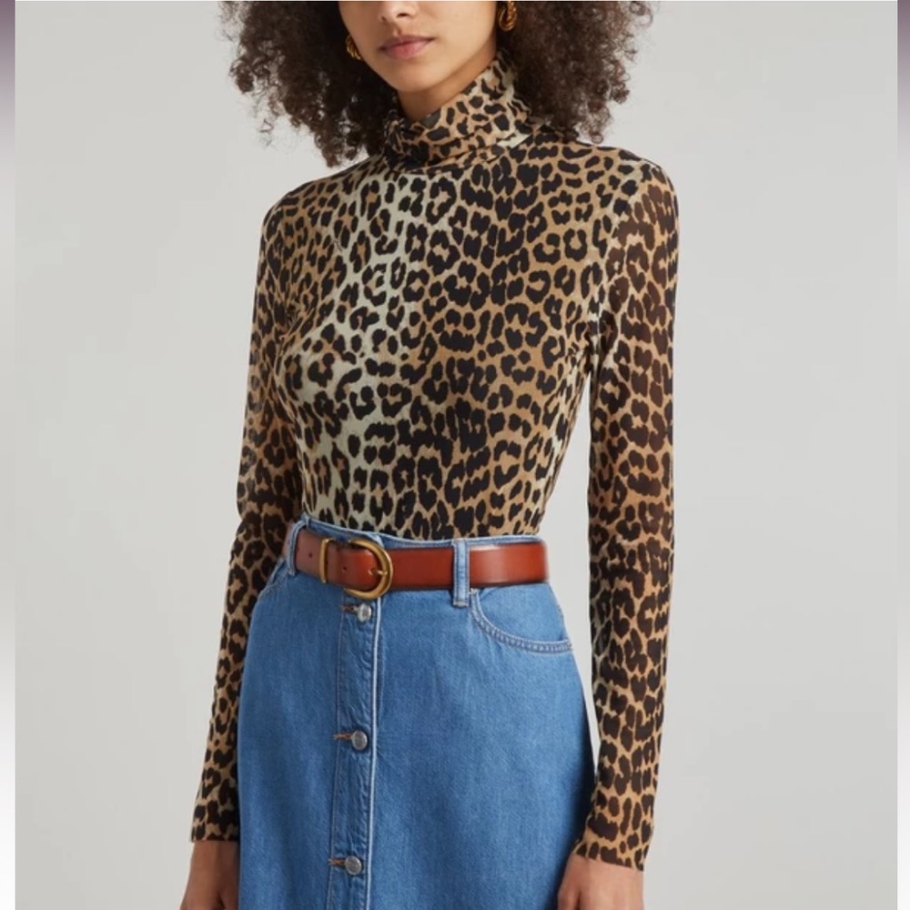 NWOT Ganni Leopard Printed Mesh Turtleneck Top